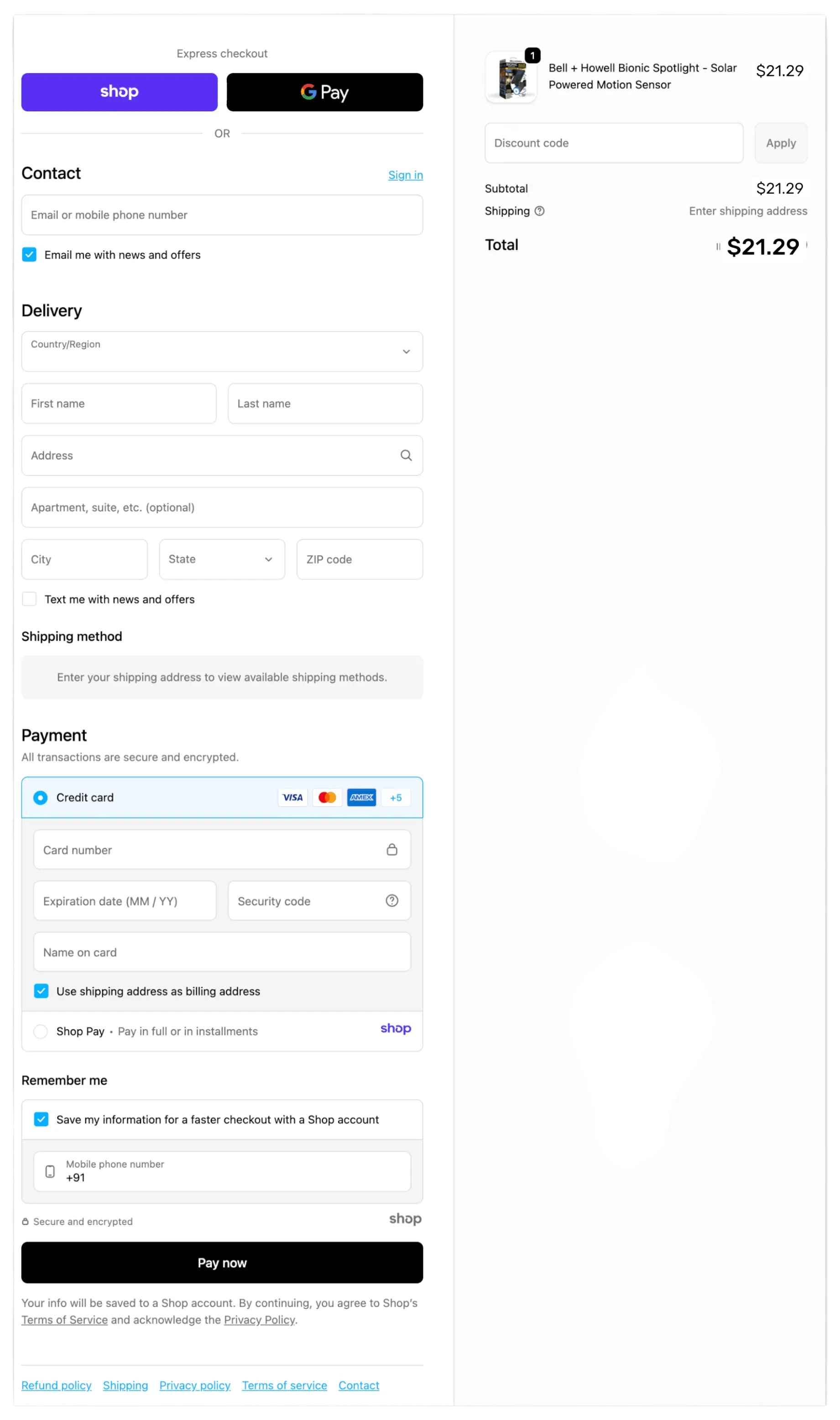 Bionic Spotlight checkout page